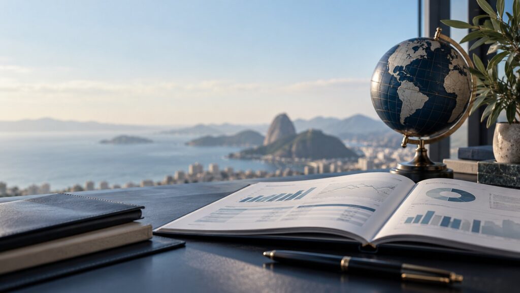 Mesa de escritório com relatório financeiro, globo terrestre e vista para o Rio de Janeiro